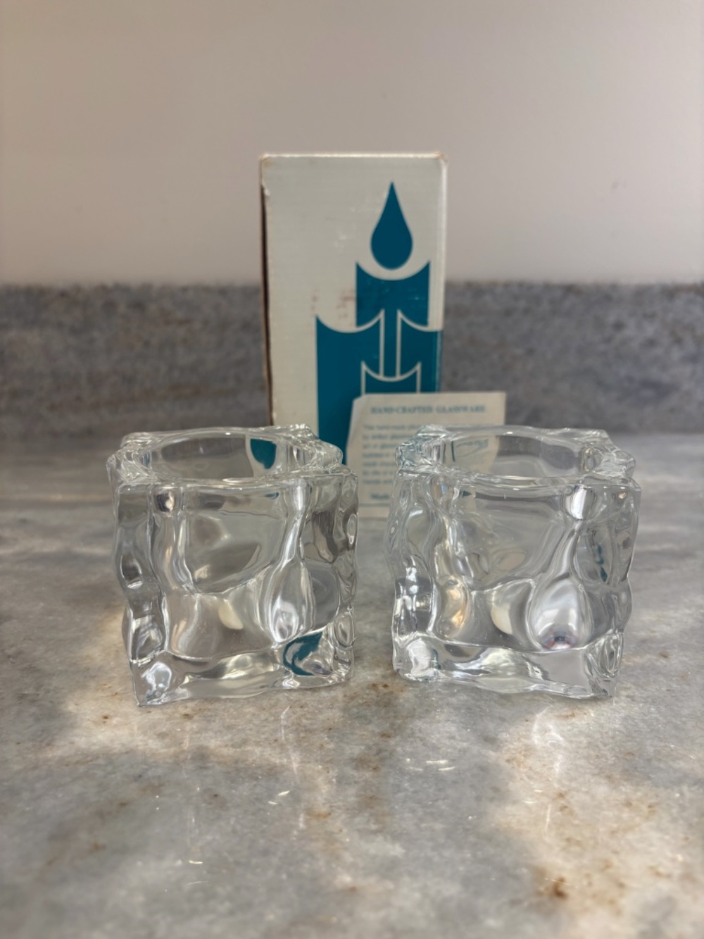 Retired PARTYLITE Glacier Pair Tea Light Holders Handcrafted Crystal Clear Glass